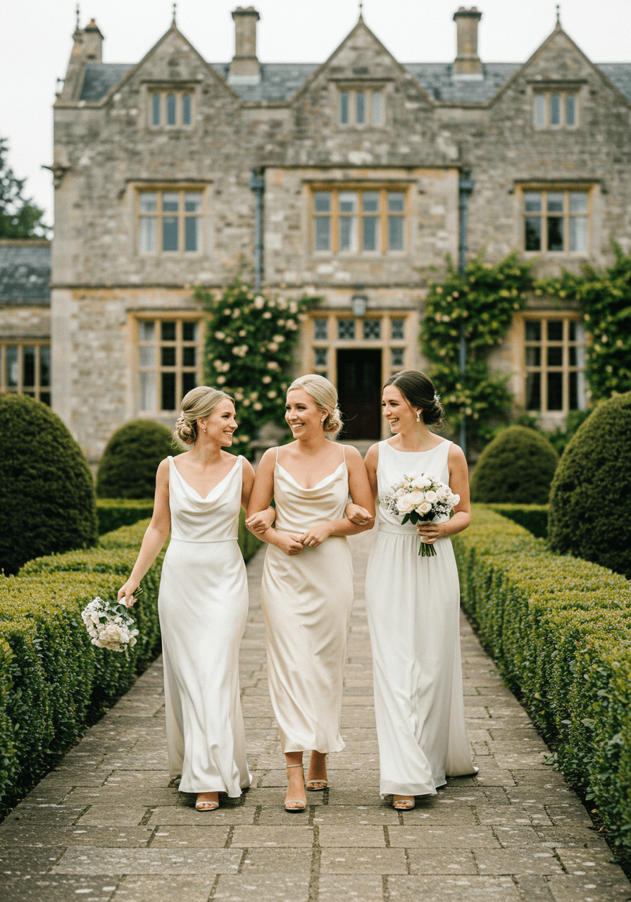 Three bridesmaids in complementary white dress styles walking arm-in-arm on stone pathway