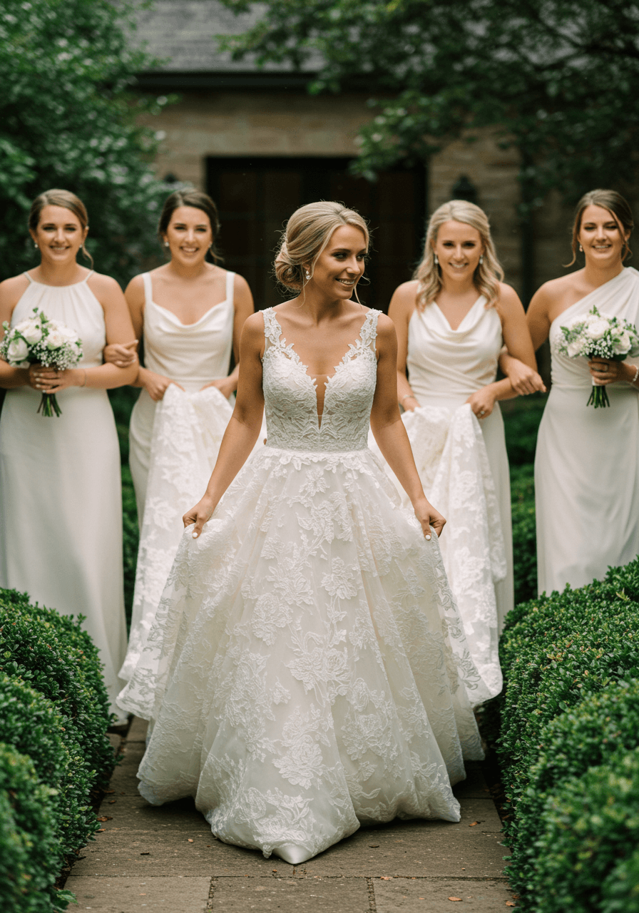 Bridal party in coordinated white dresses walking through lush garden setting