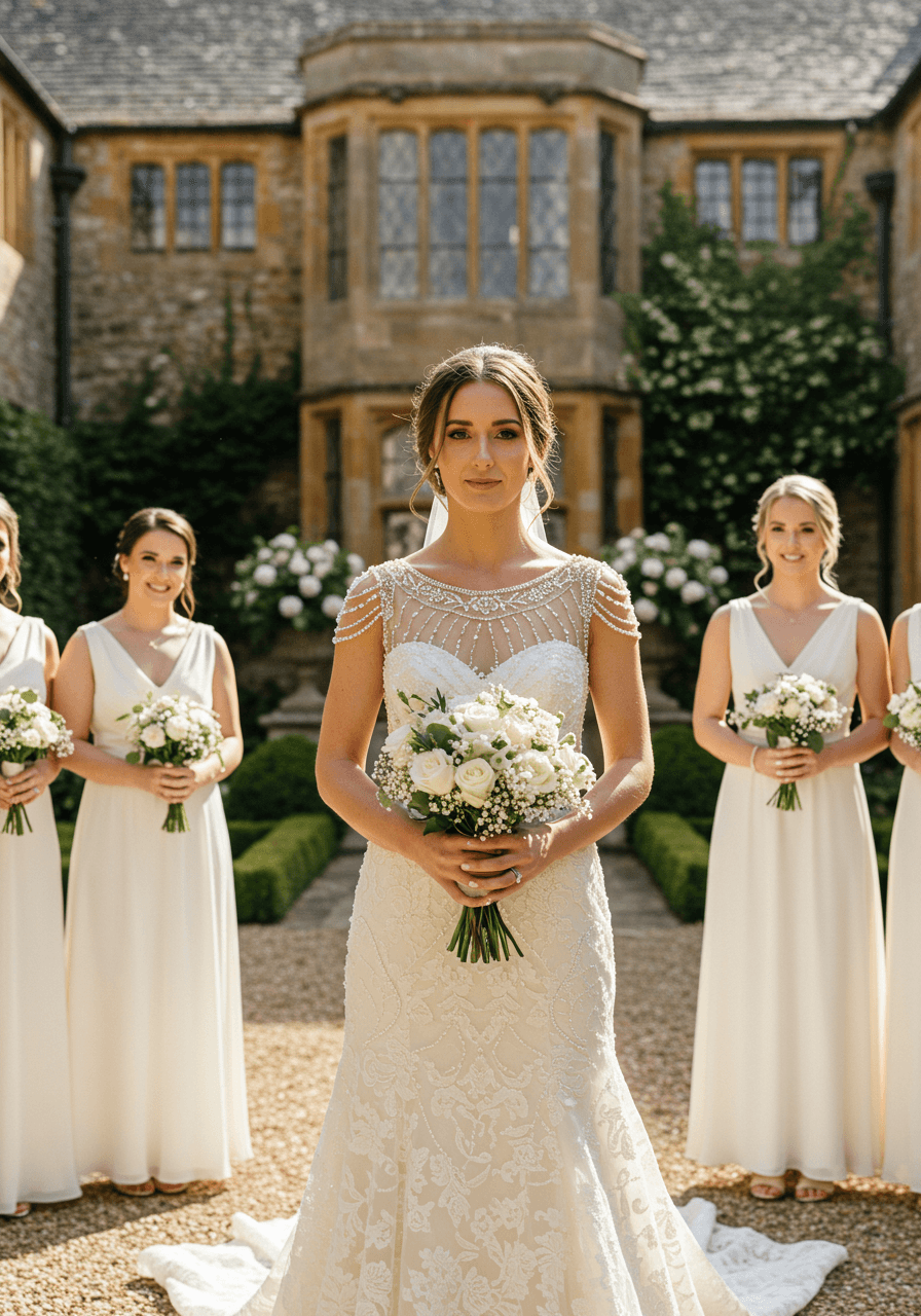 Bride in ornate beaded ivory gown standing confidently in historic manor courtyard