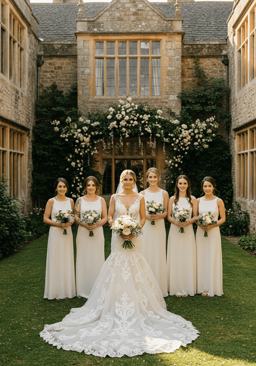 Bride in elaborate beaded gown with cathedral train surrounded by bridesmaids in simple white dresses