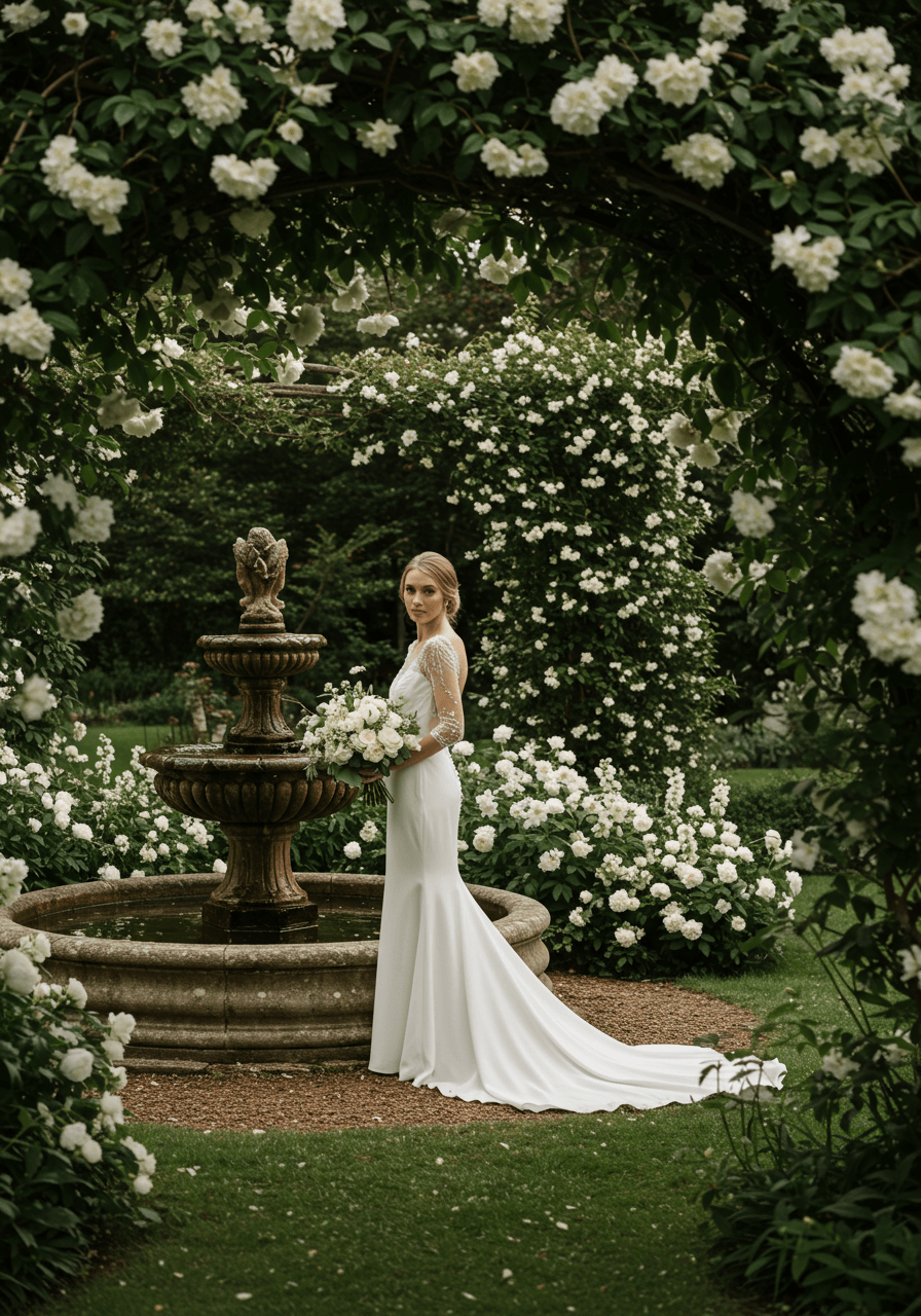 Bride in ivory silk gown with beadwork standing beside stone fountain with white peonies