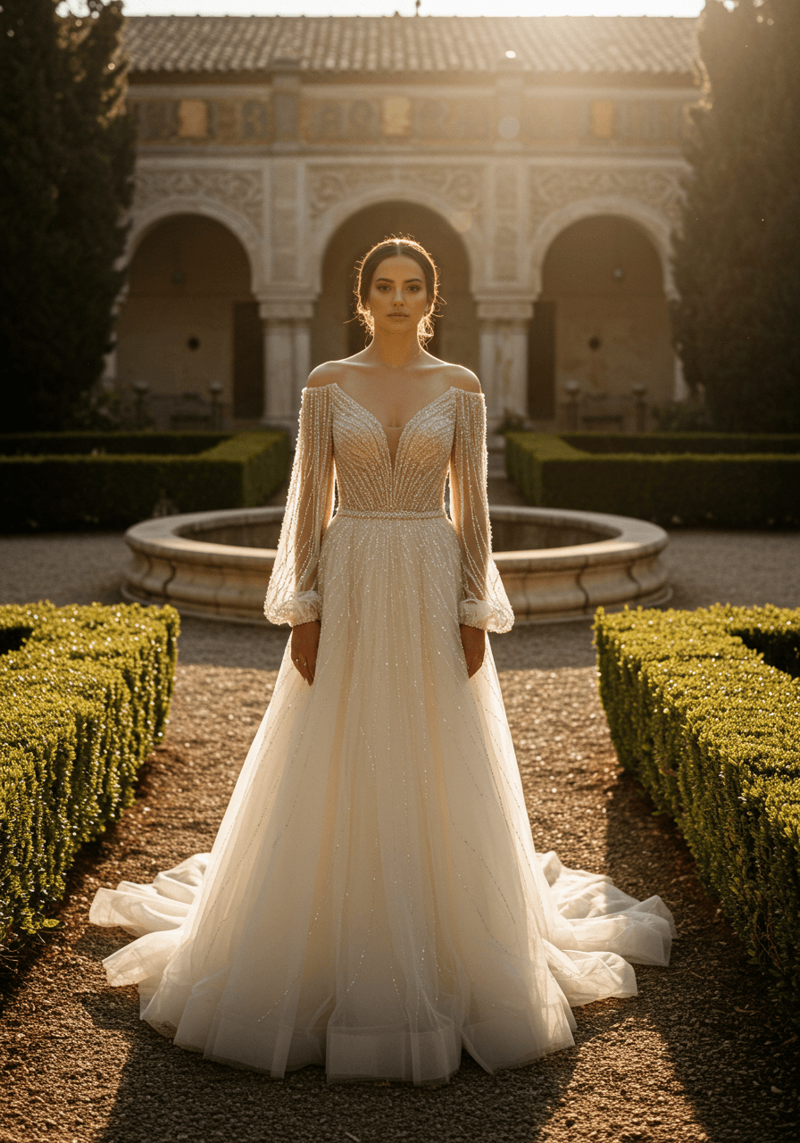 Bride in cathedral-length gown with dramatic off-shoulder sleeves in garden courtyard