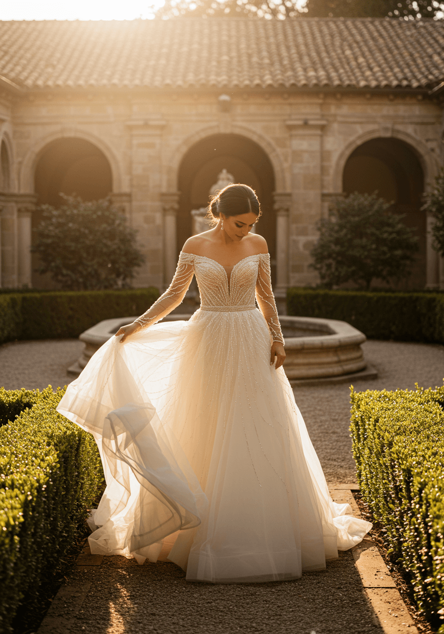 Bride adjusting intricate beaded gown train in elegant garden setting