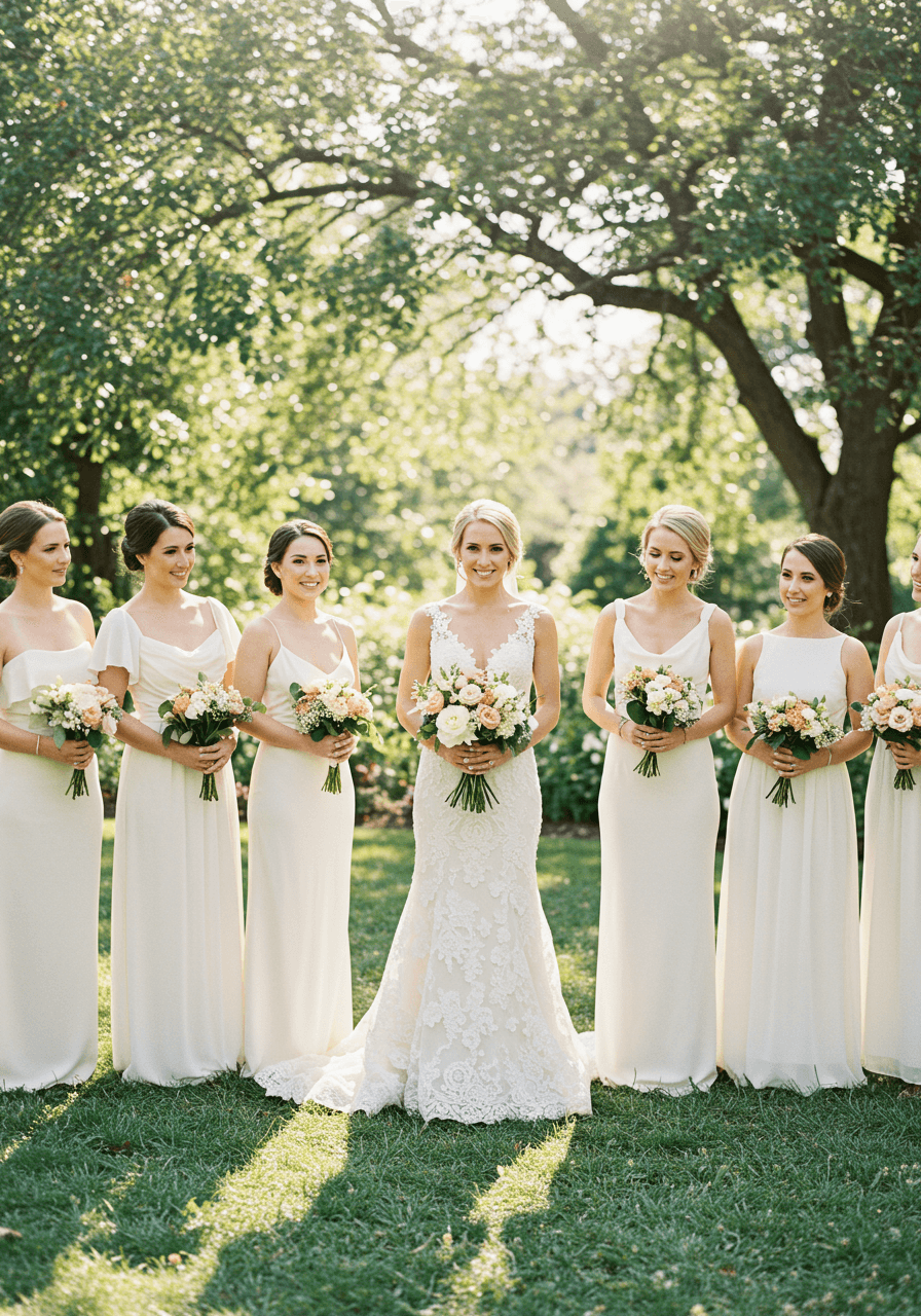 Bride in ivory lace gown centered among bridesmaids in coordinated white dresses in garden