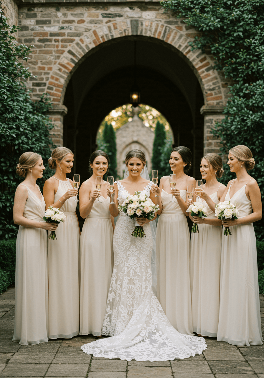 Bridal party raising champagne flutes in toast in elegant garden courtyard with stone archways