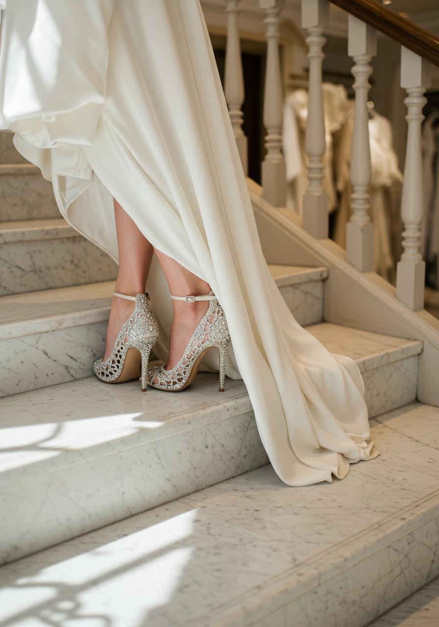 Close-up of hand-placed Swarovski crystal beading on ivory silk designer wedding heels