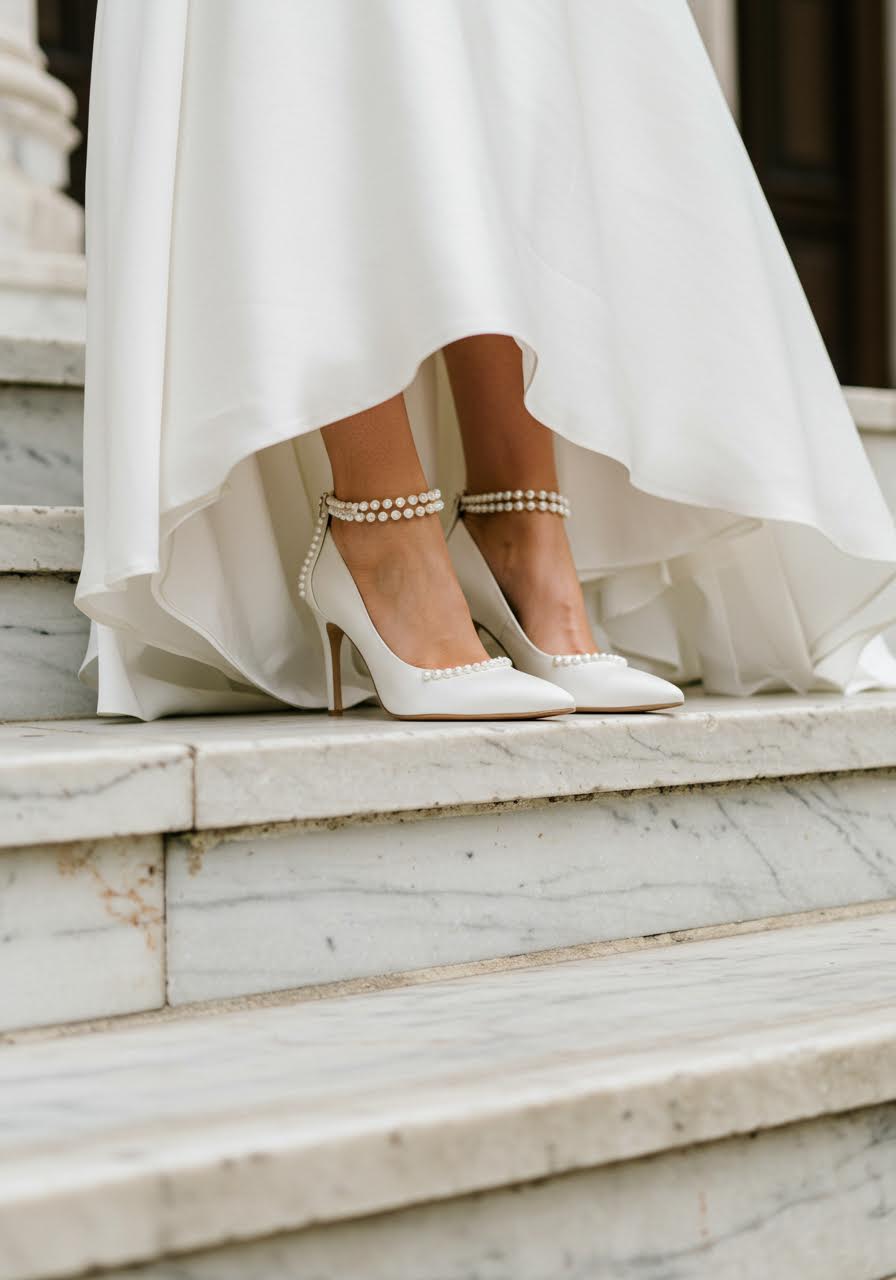 Close-up of luxurious pearl-embellished bridal pumps on cathedral marble steps