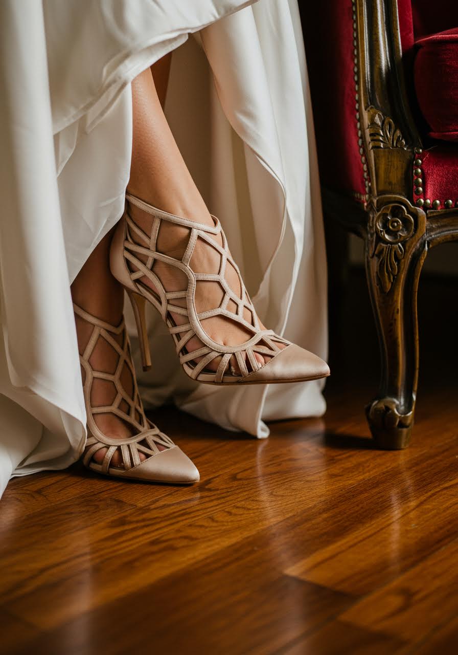 Vintage-inspired champagne satin wedding heels with geometric cutouts beside ornate velvet chair