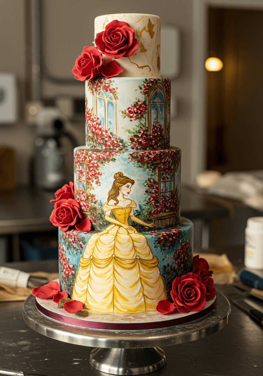 Wide view of Beauty and the Beast wedding cake in upscale bakery studio with golden lighting