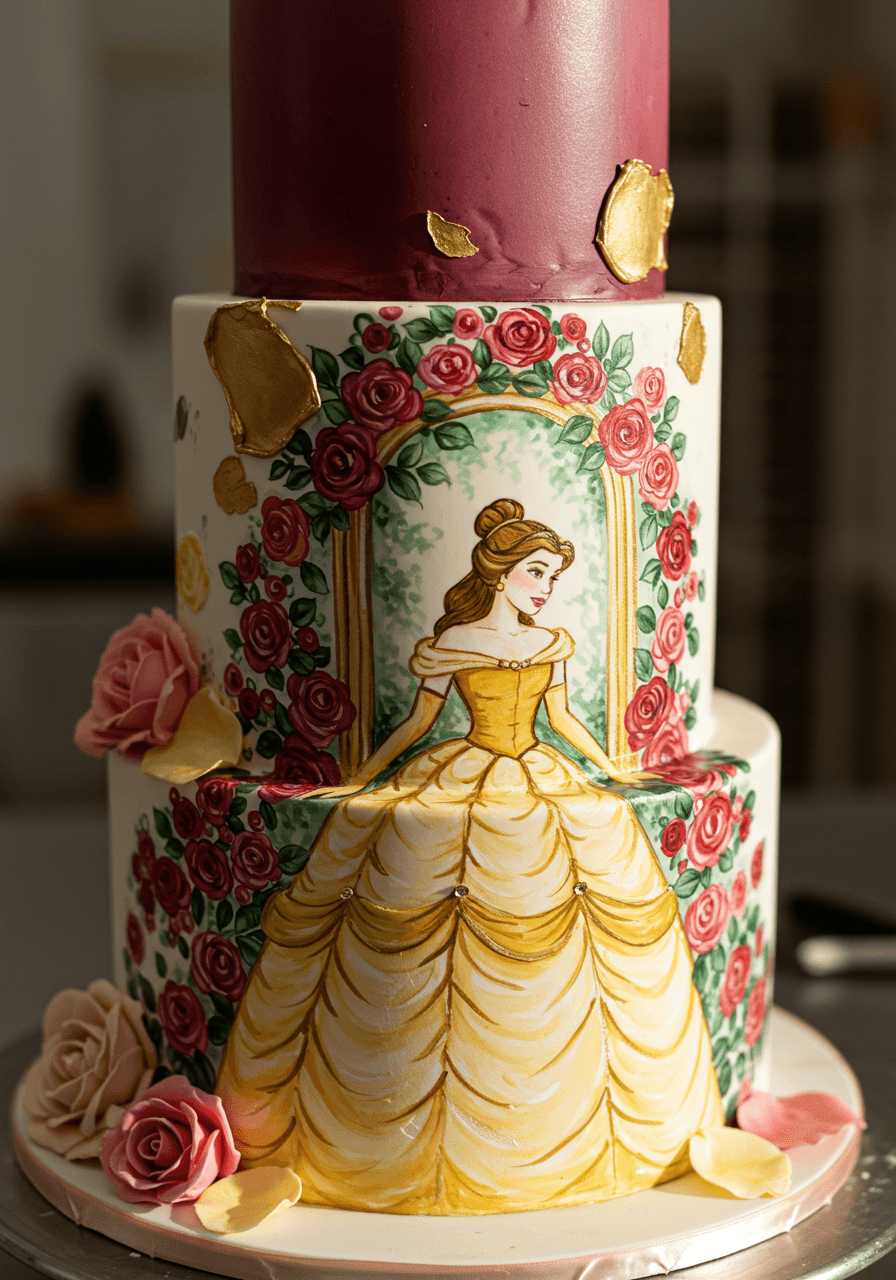 Close-up of wedding cake tier with hand-painted Beauty and the Beast rose garden scenes in burgundy and gold