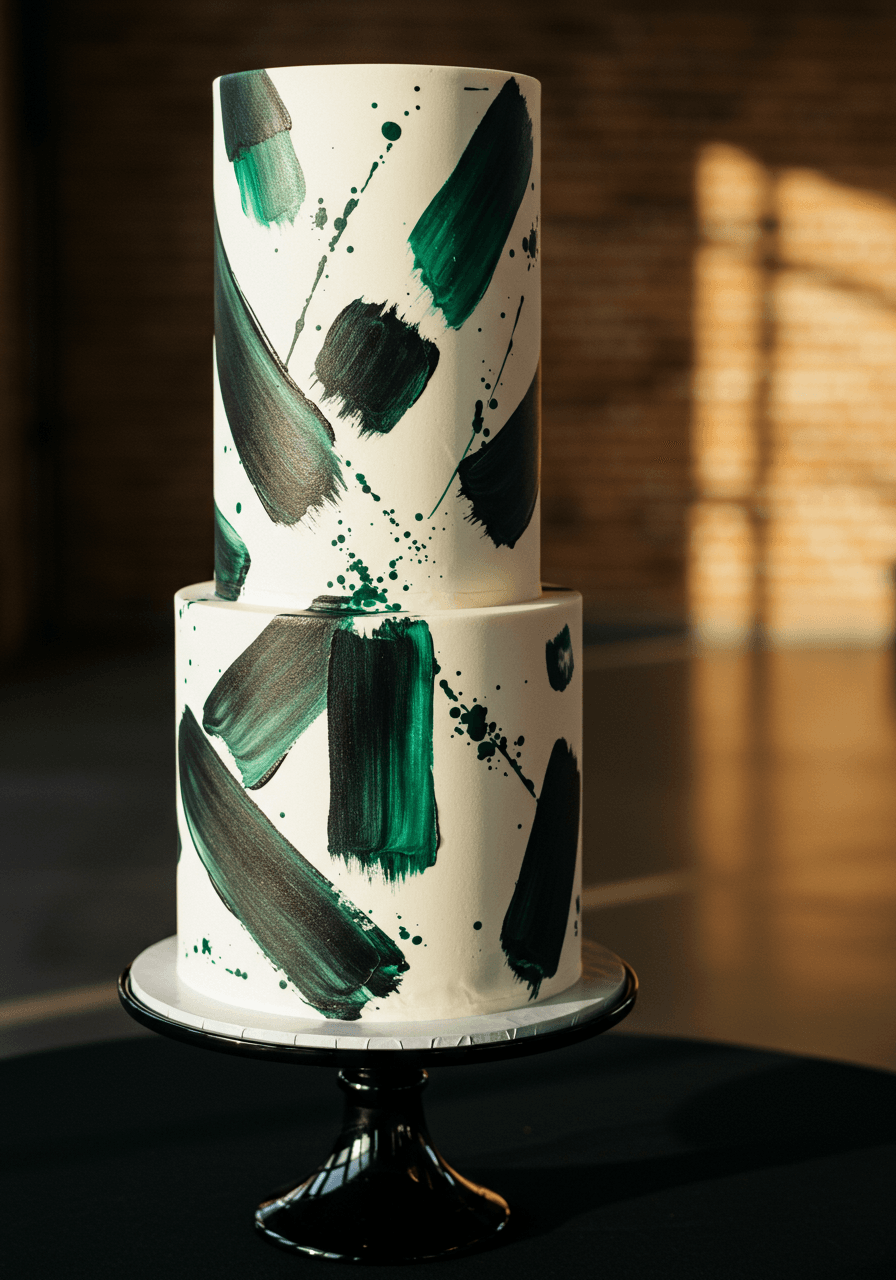 Tall cylindrical wedding cake with dramatic black, white, and emerald green abstract paint strokes on black stand