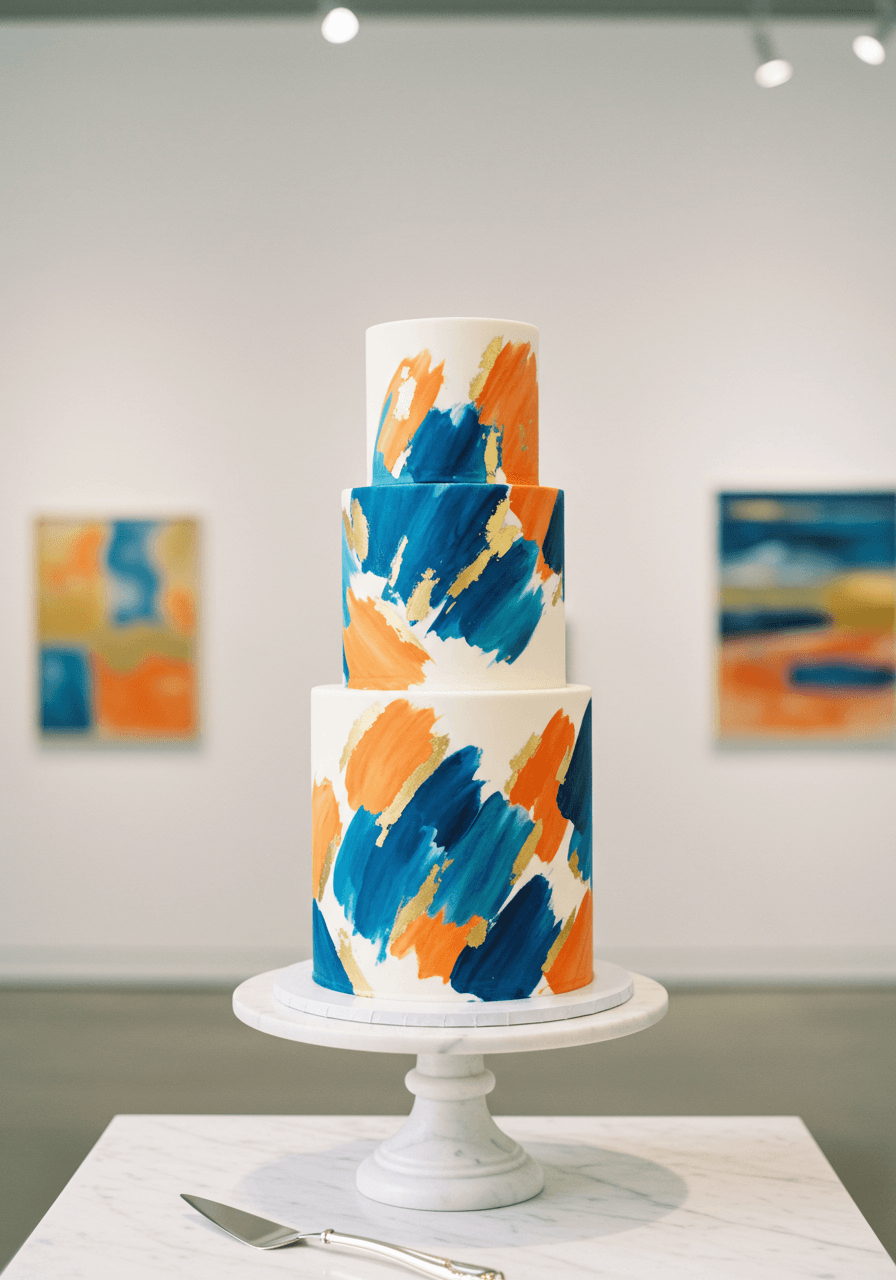 Contemporary three-tier wedding cake with bold abstract brushstrokes in blues, orange, and gold