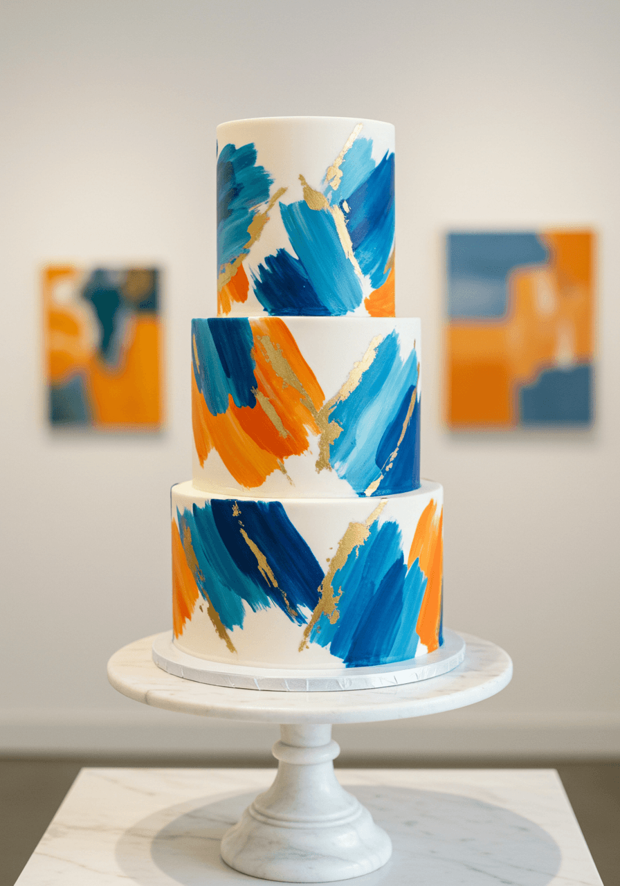 Upward angle view of abstract art wedding cake on white marble pedestal in gallery