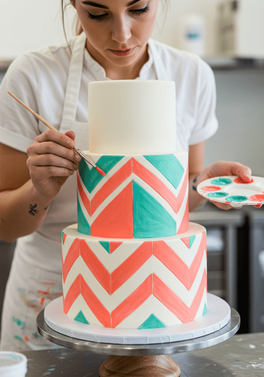 Cake artist in white apron hand-painting geometric stripes and chevron patterns on wedding cake in bright studio