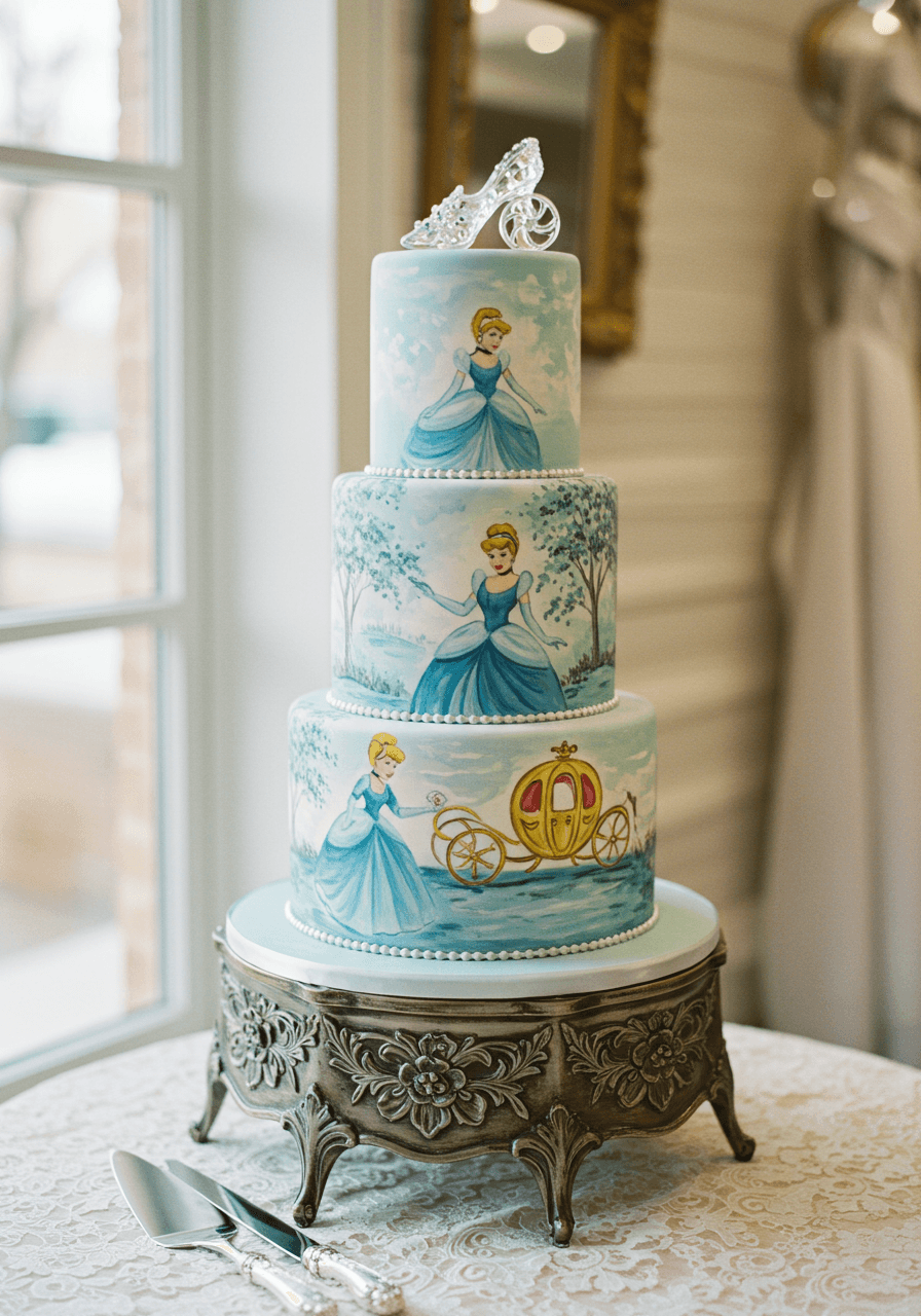 Detail view of Cinderella wedding cake with crystal topper and lace table runner