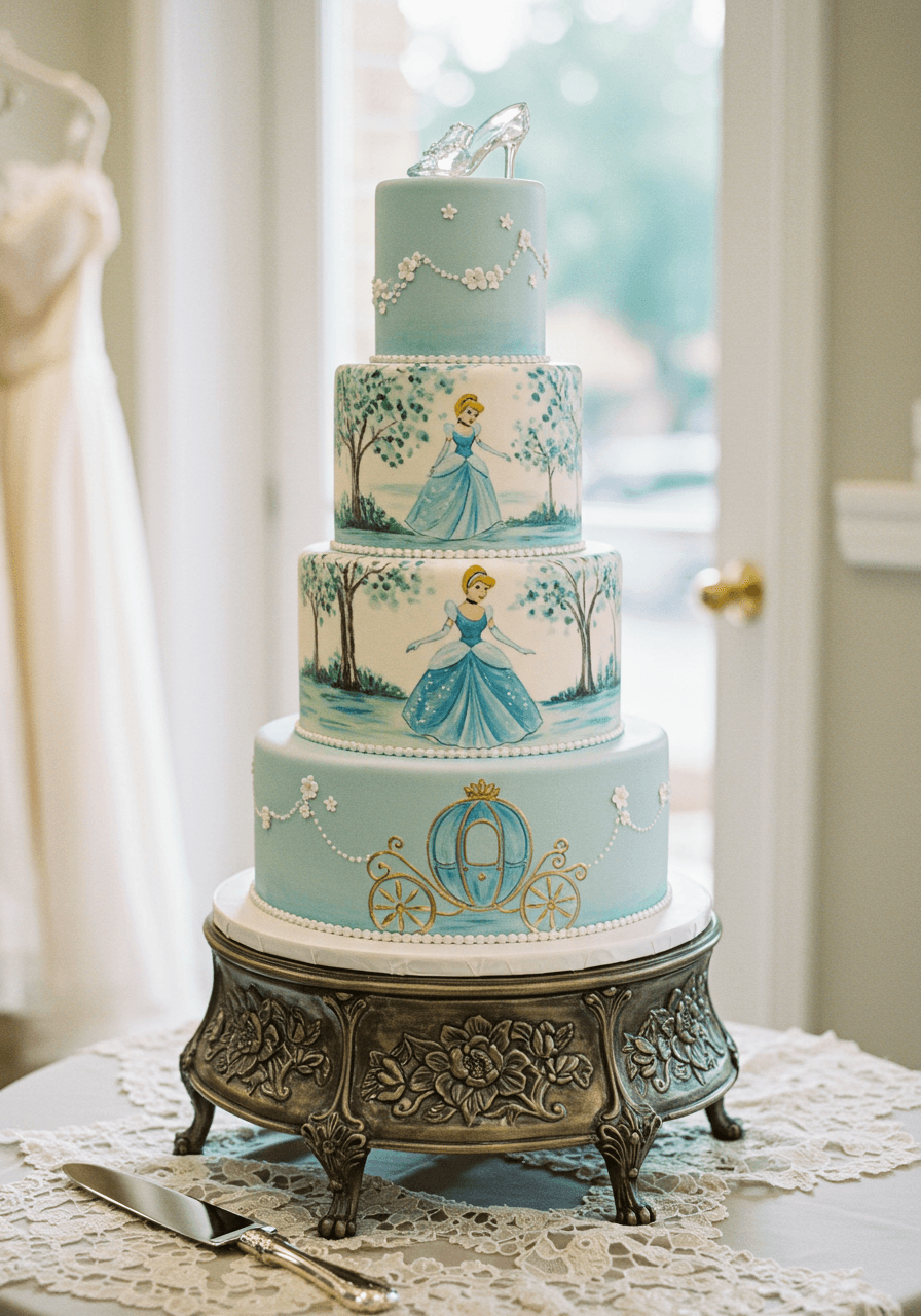 Three-tier wedding cake with hand-painted Cinderella fairy tale scenes in pastel blue and silver