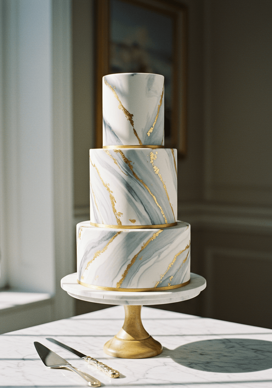 Three-tier white wedding cake with hand-painted marble veining in soft grey and gold
