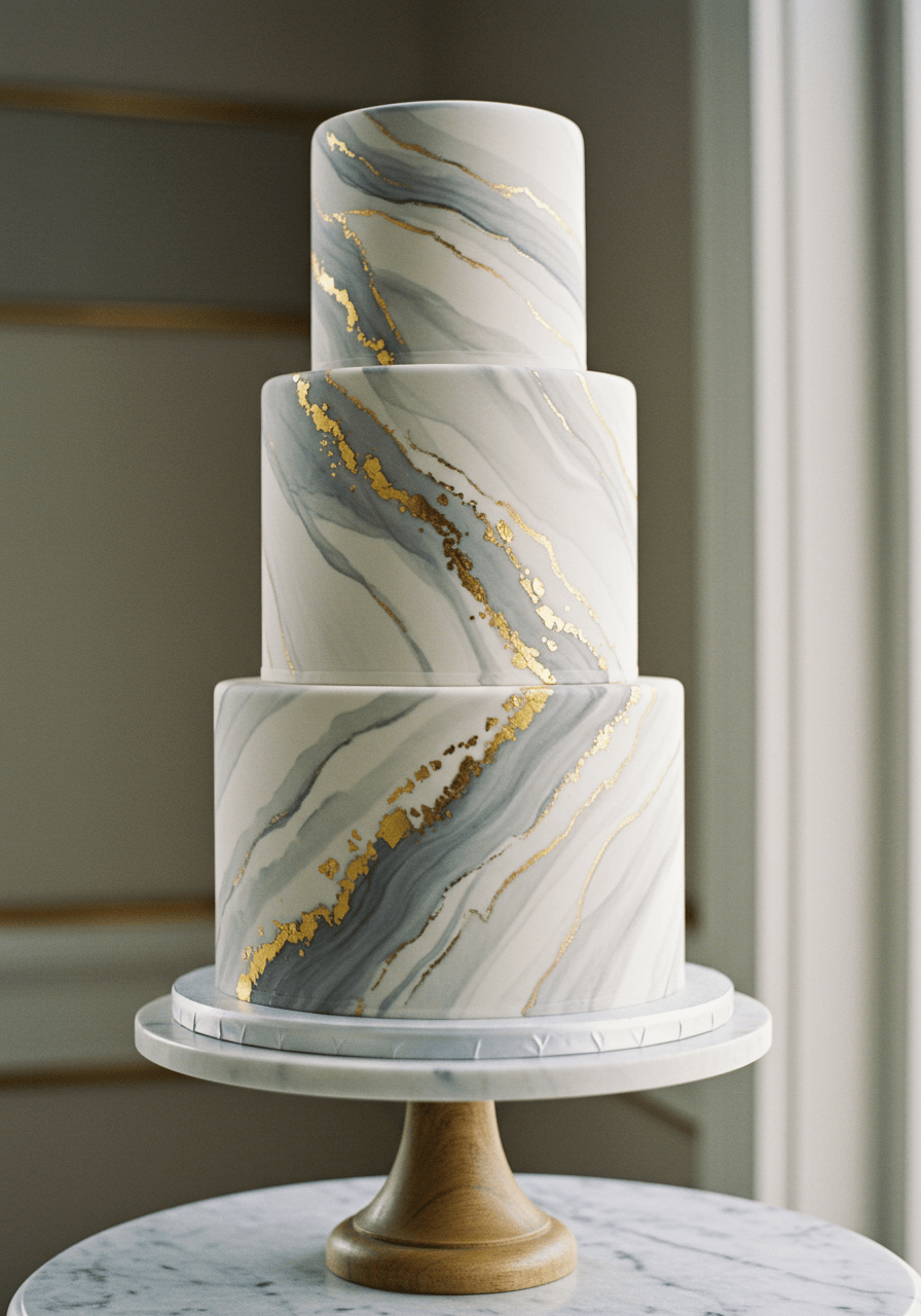 Upward angle view of marble wedding cake showing detailed stone texture painting