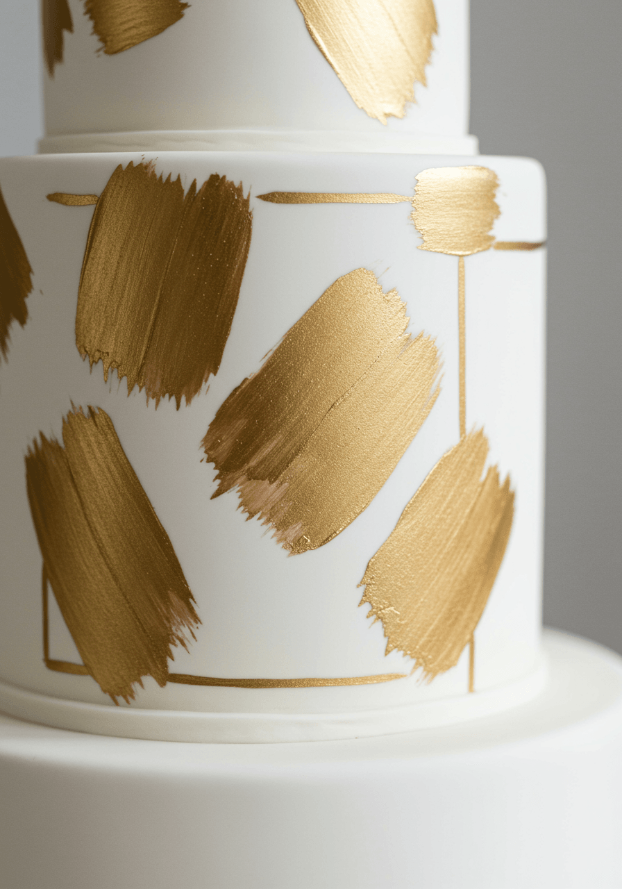 Macro close-up of wedding cake tier showing minimalist gold brushstroke patterns on white fondant