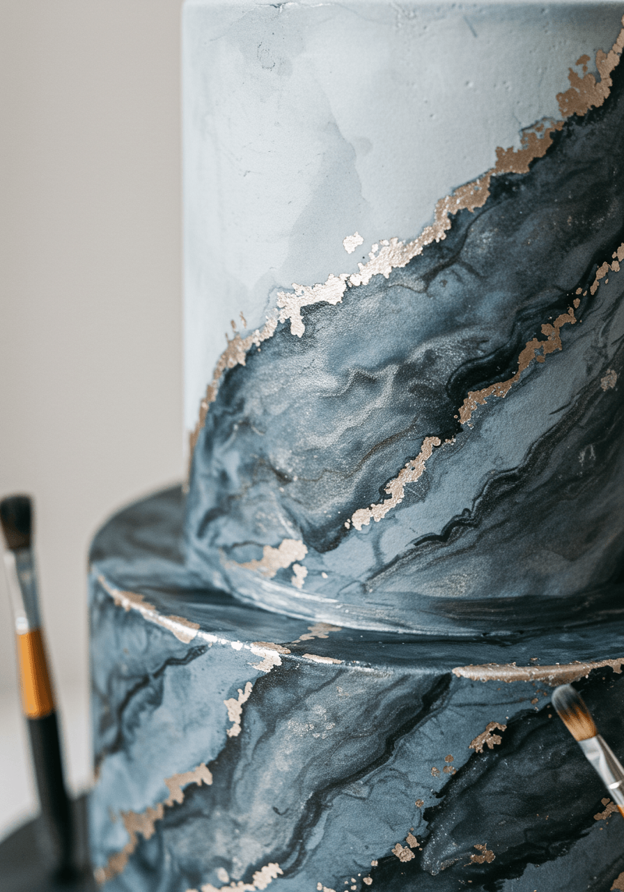 Close-up detail of wedding cake showing hand-painted granite stone texture in charcoal and silver