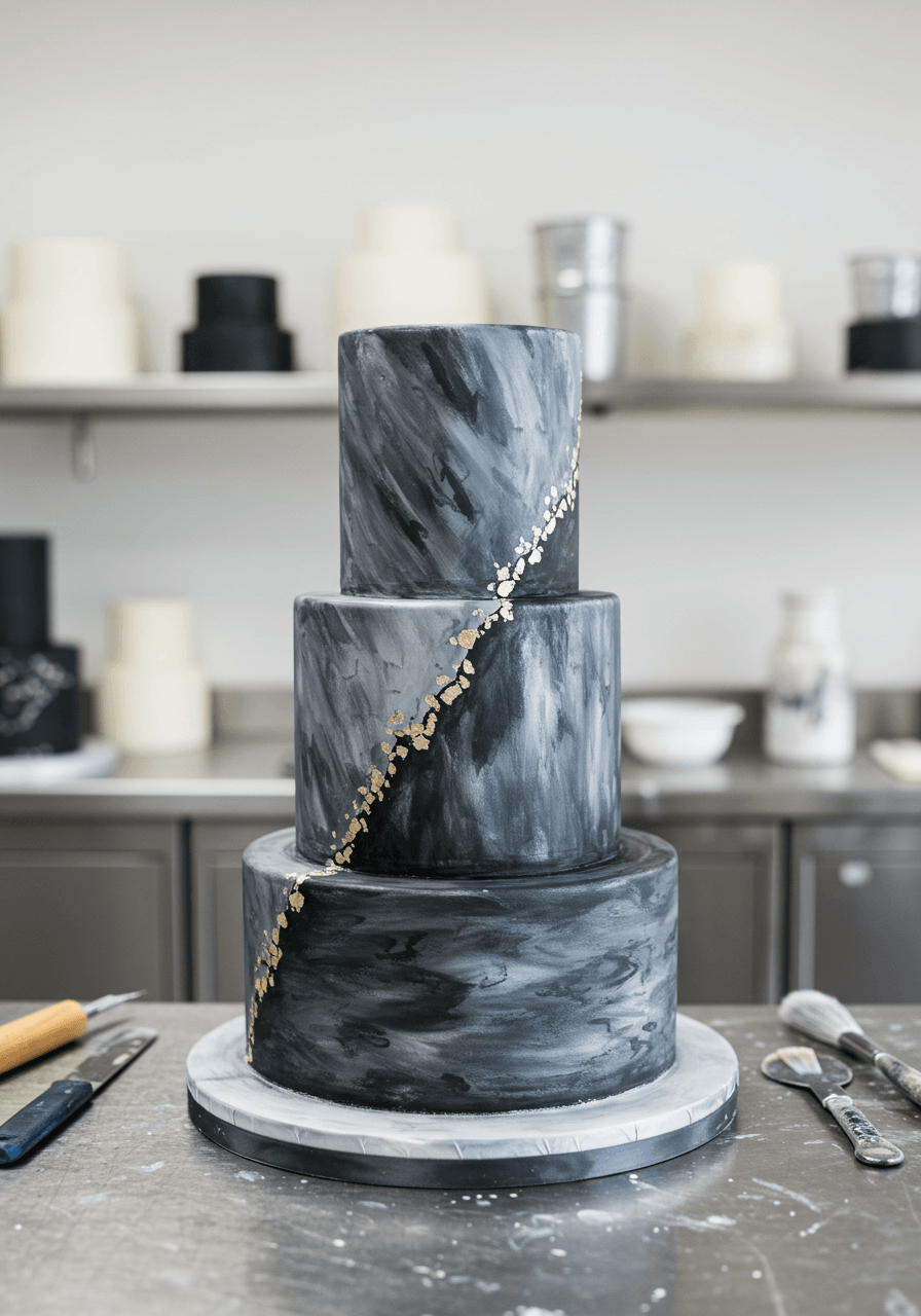 Wide view of granite texture cake detail in bright pastry kitchen workspace