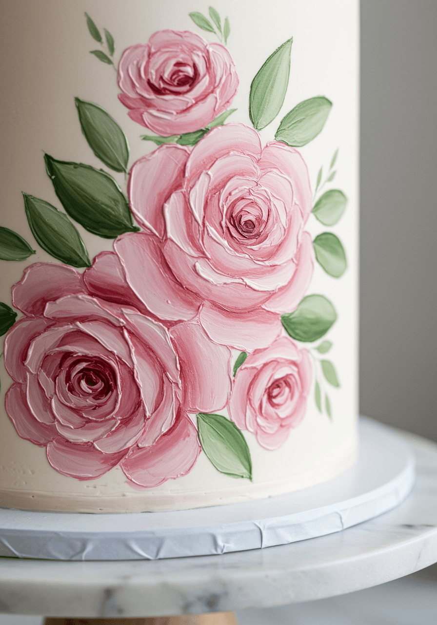 Close-up macro detail of hand-painted pink garden roses with pearl lustre on white marble cake stand