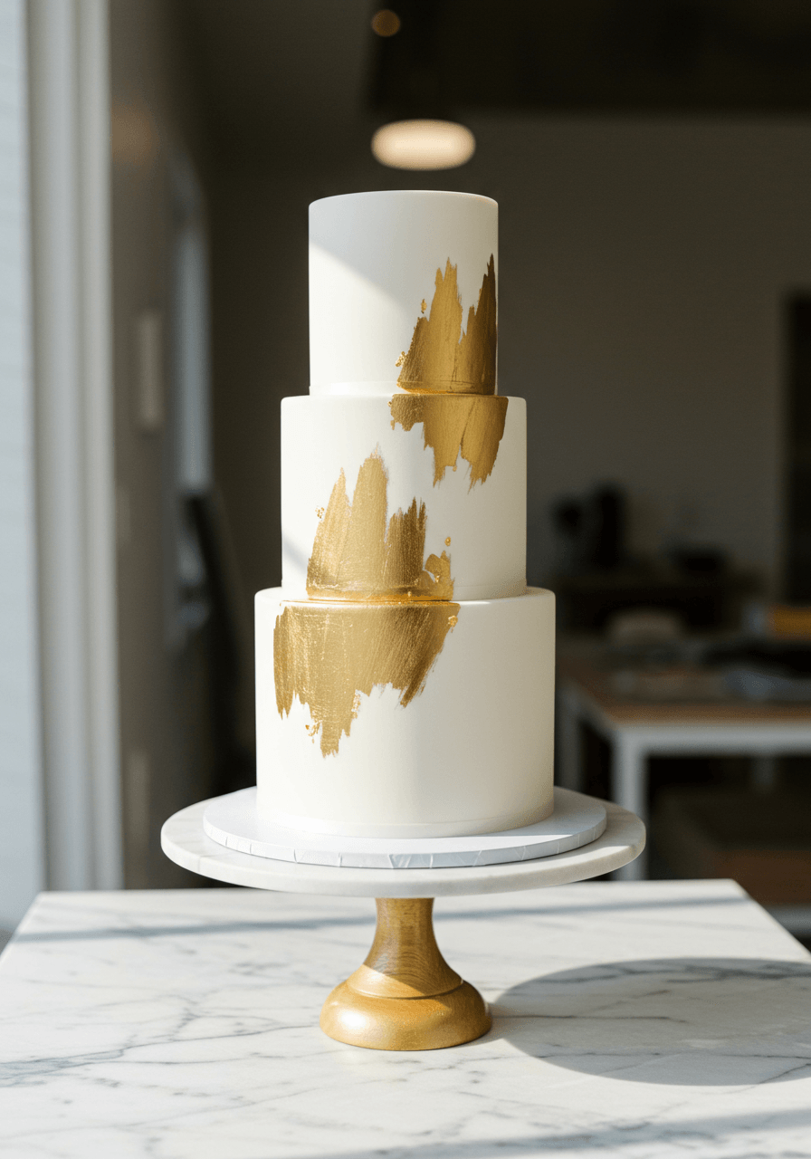 Modern three-tier white wedding cake with minimalist brushed gold leaf accents on marble pedestal