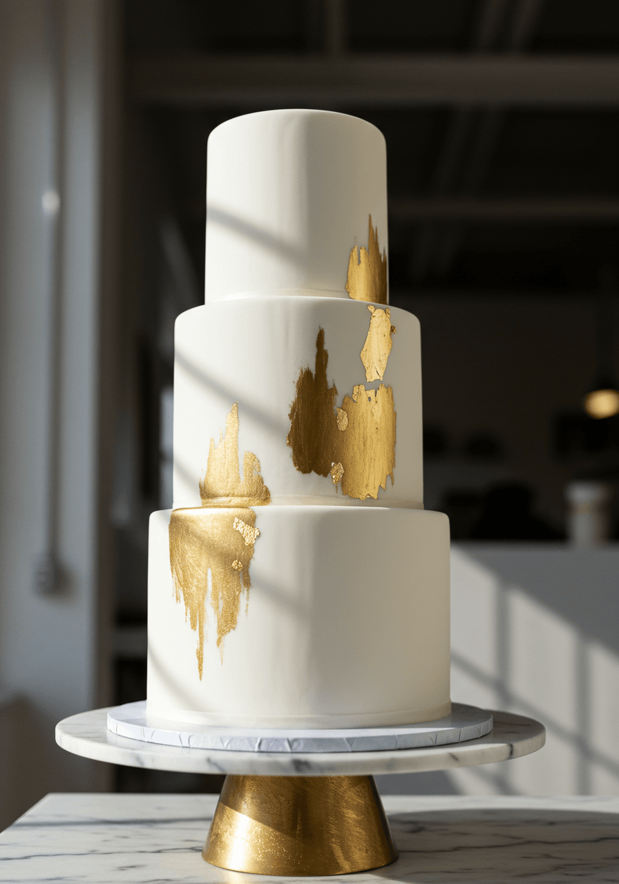 Upward angle view of contemporary gold accent wedding cake in bright studio setting
