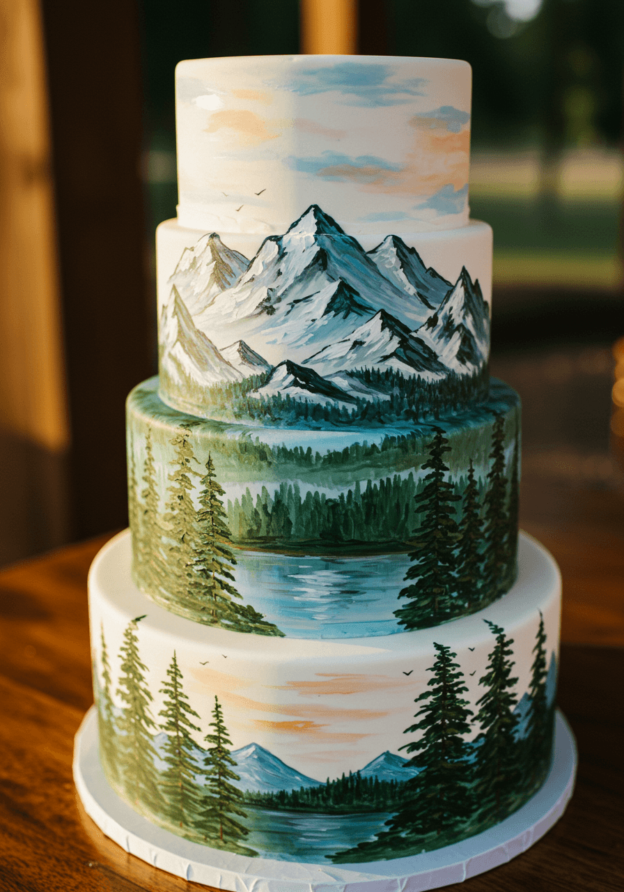 Close-up detail of painted mountain peaks and forest landscape on wedding cake