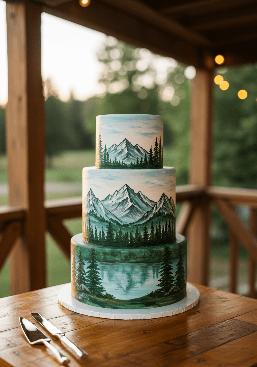 Three-tier wedding cake with hand-painted mountain landscape featuring snow-capped peaks and alpine lake