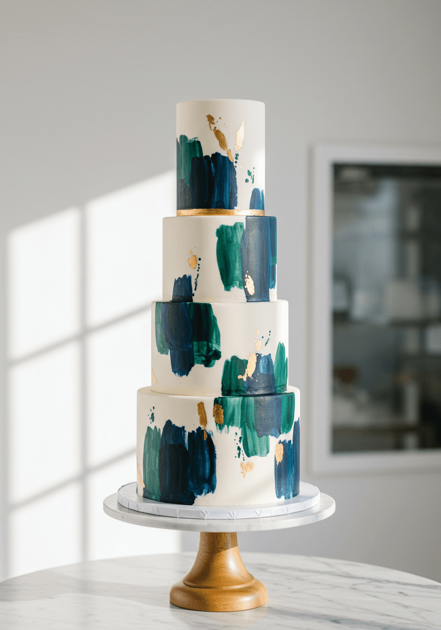 Multi-tiered white wedding cake with bold abstract brushstrokes in blues and gold on marble pedestal