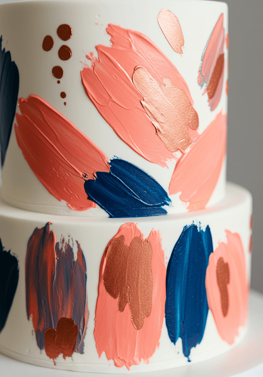 Close-up detail of wedding cake tier with vibrant coral, navy, and copper abstract brushstroke patterns
