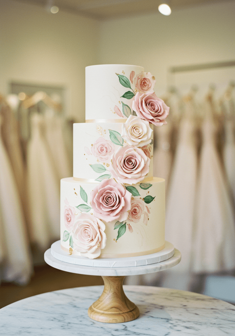Three-tier white wedding cake with hand-painted cascading blush roses on marble pedestal
