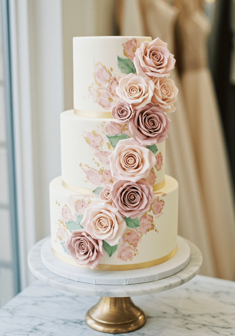 Overhead view of wedding cake showing painted rose cascade detail and lace doily