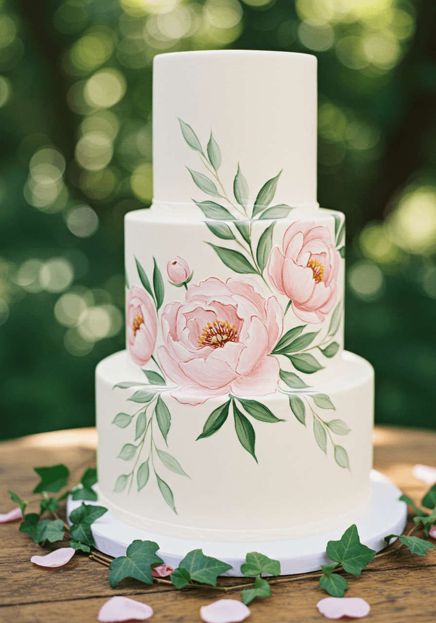 Macro detail of hand-painted peony and botanical artwork on wedding cake surface