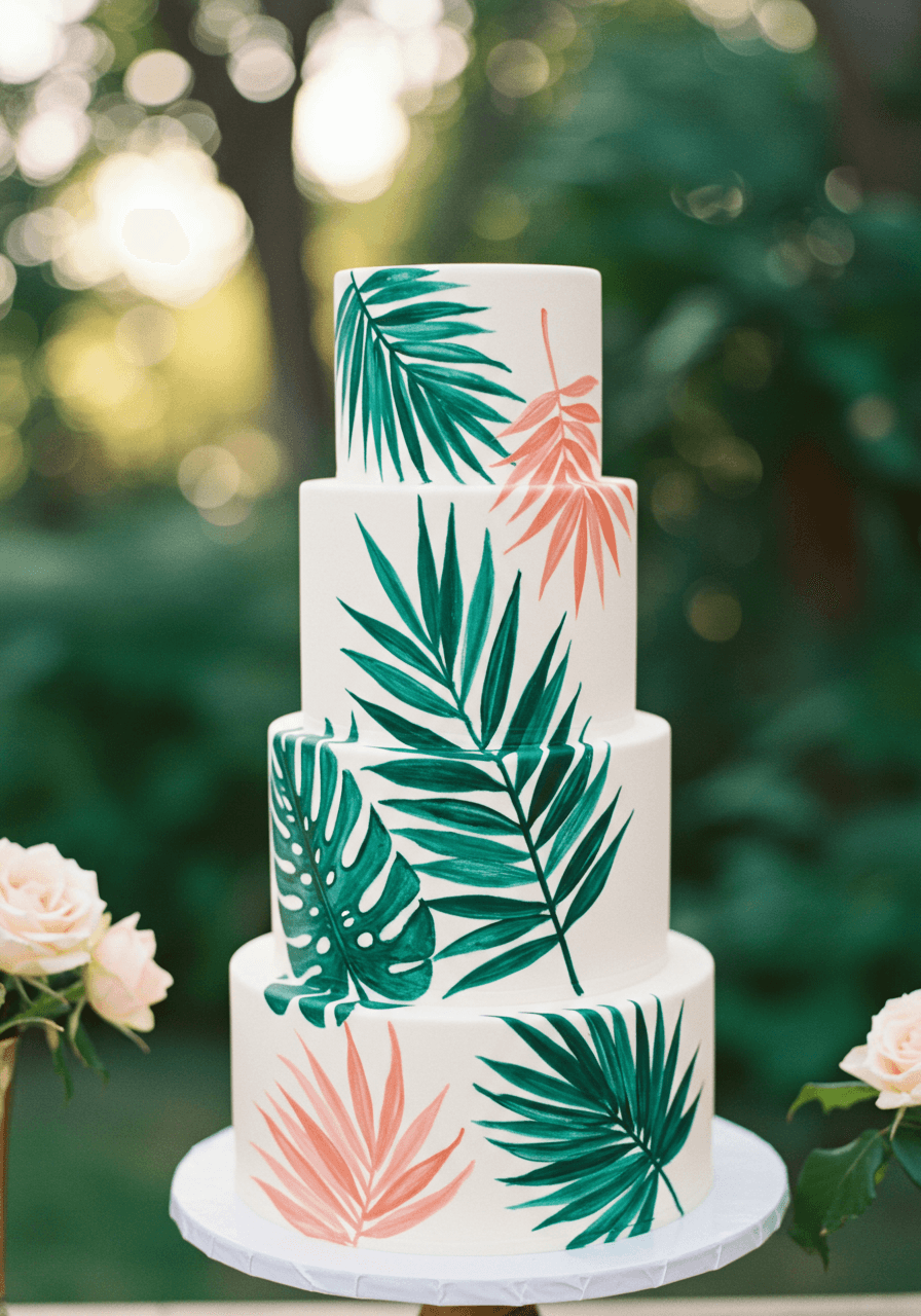 Medium view of tropical palm wedding cake in outdoor garden setting