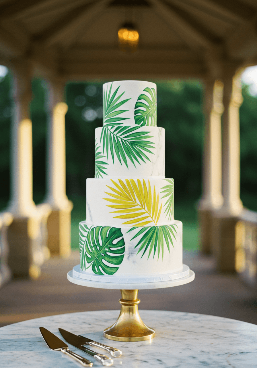 Three-tier white wedding cake with vibrant hand-painted tropical palm leaves in emerald green and gold