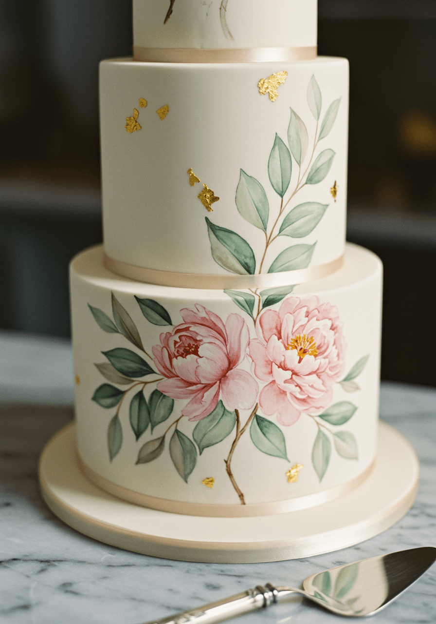 Close-up of vintage botanical wedding cake detail with muted watercolours on marble patisserie counter