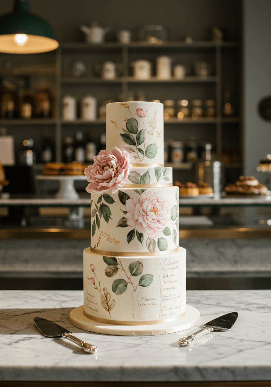 Wide view of French patisserie setting showing vintage cake with gold leaf accents