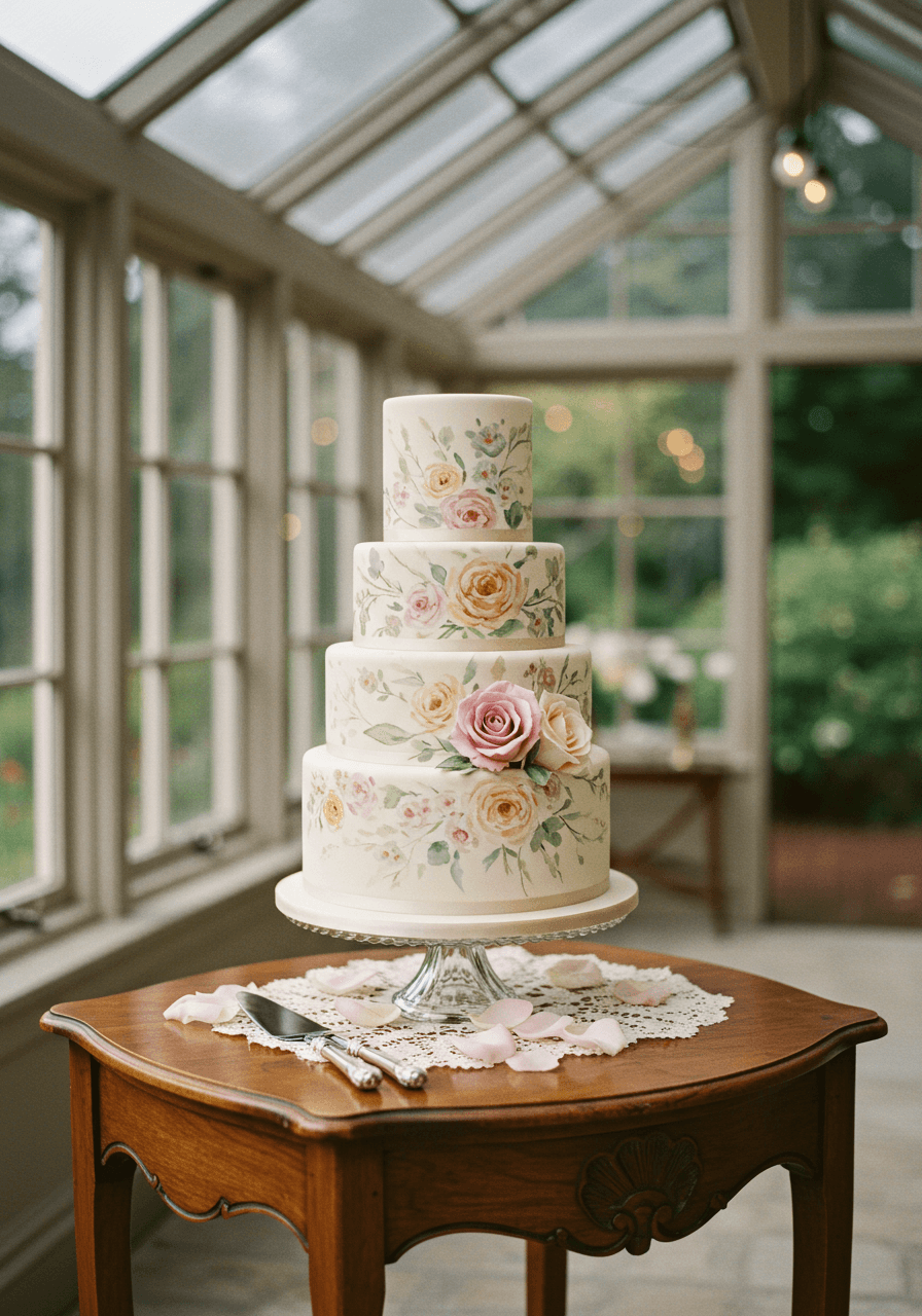 Vintage three-tier wedding cake with delicate painted florals on ornate antique table in Victorian conservatory