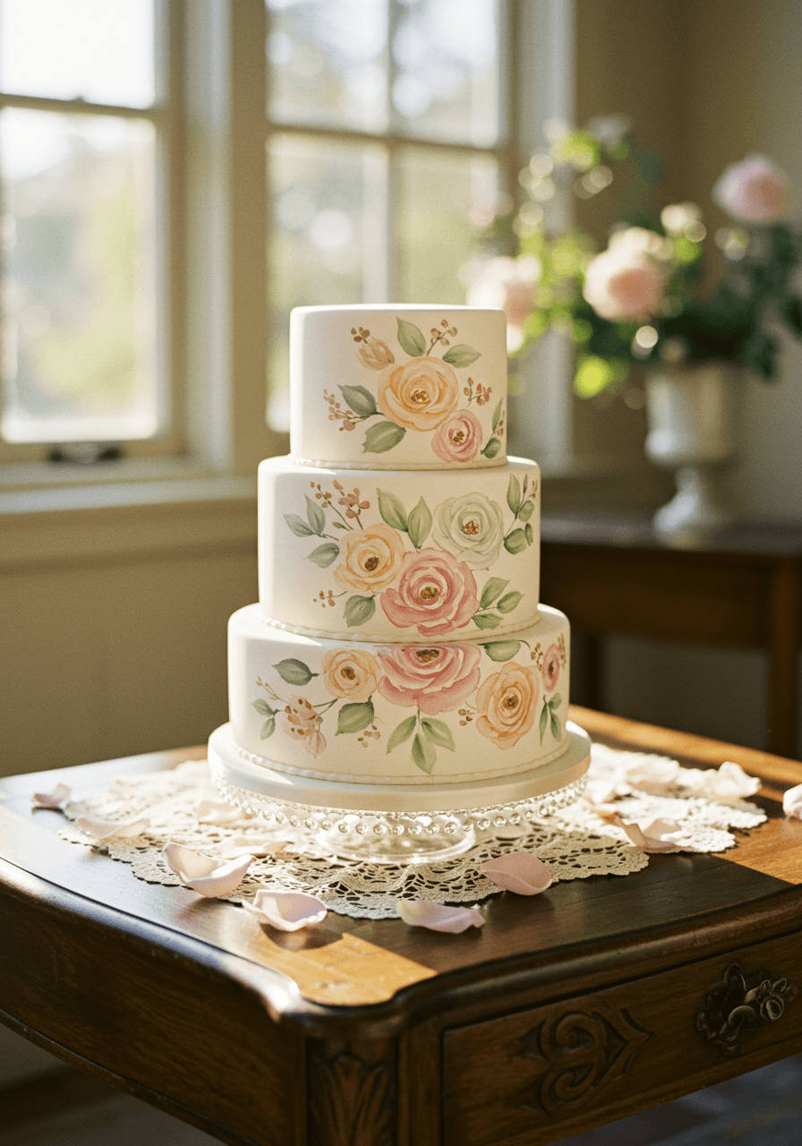 Top view of vintage wedding cake showing intricate hand-painted floral details