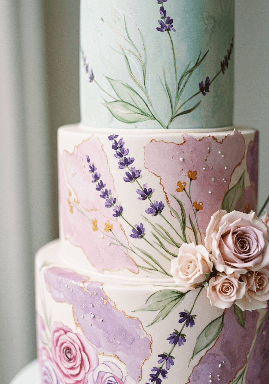 Macro close-up of wedding cake showing hand-painted lavender and wild rose watercolour details