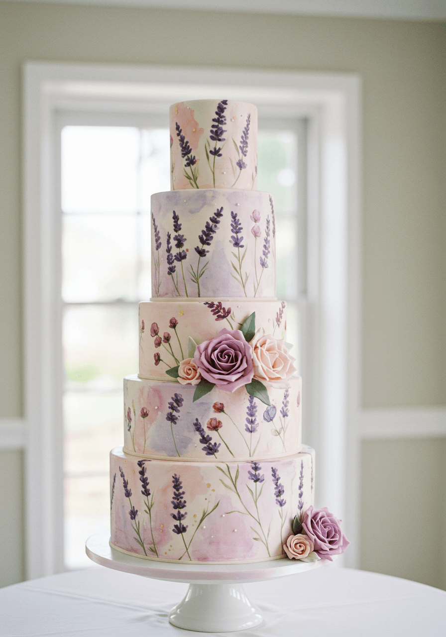 Wide view of watercolour botanical wedding cake tiers in bright conservatory setting