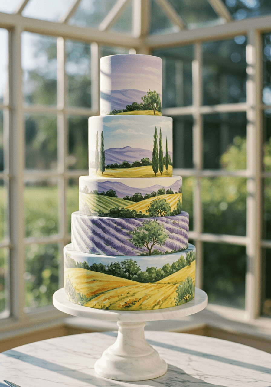 Four-tier wedding cake with watercolour countryside panorama showing lavender fields and rolling hills