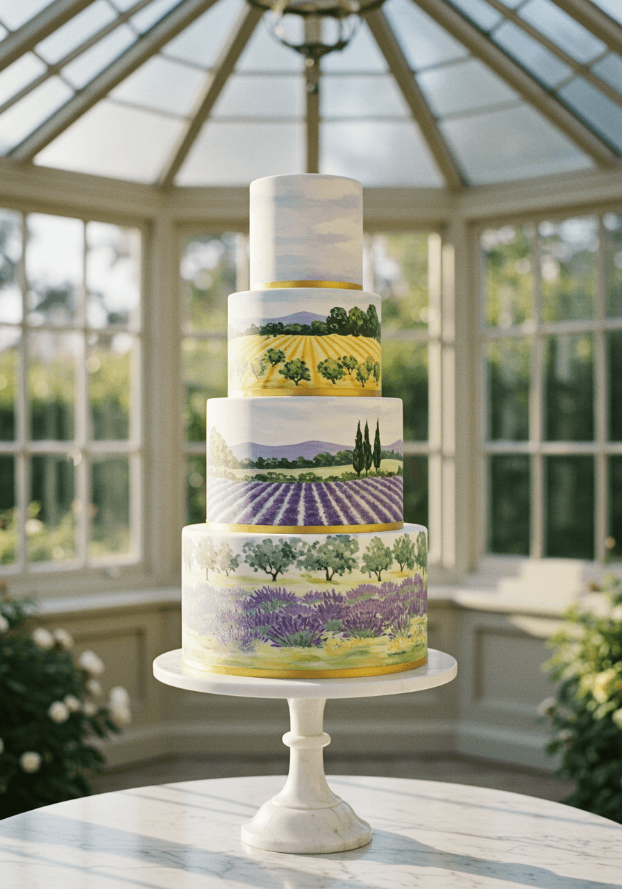 Wide view of countryside landscape wedding cake in sun-drenched conservatory