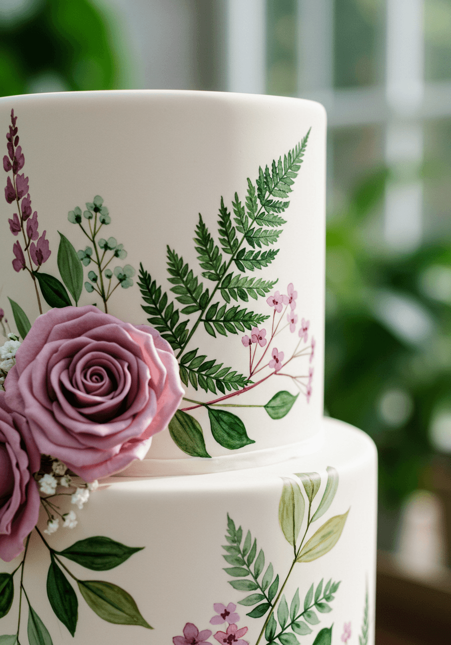 Wedding cake detail showing hand-painted garden roses and ferns in conservatory filled with plants