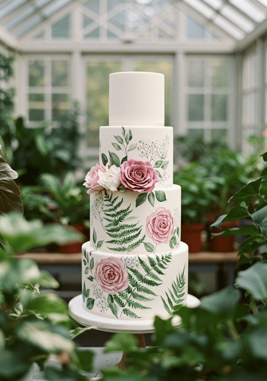 Wide view of botanical wedding cake in glass conservatory with natural plant backdrop