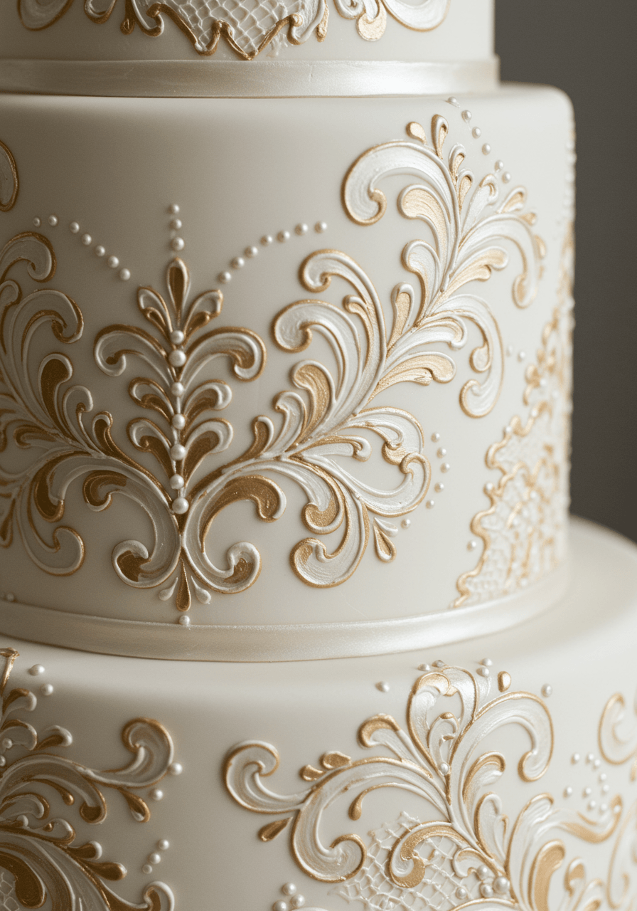 Macro close-up of hand-painted Victorian lace patterns with pearl and champagne tones on wedding cake