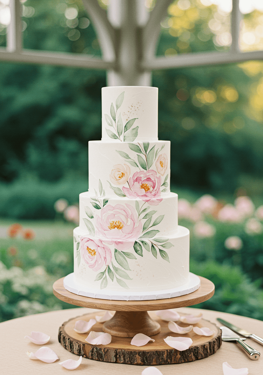 Three-tier white wedding cake with hand-painted watercolour peony and eucalyptus designs on rustic wooden stand