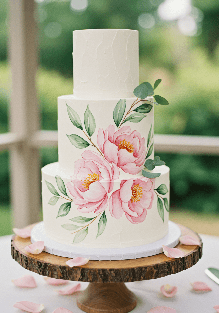 Close-up macro detail of hand-painted watercolour botanicals showing delicate brushstroke texture on wedding cake